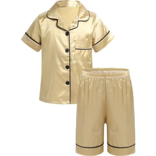 2PCS Unisex Kids Boys Girls Sleepwear Clasic Silk Pajamas Outfit Button-Down Short Sleeves Tops with Shorts Set Child Loungewear