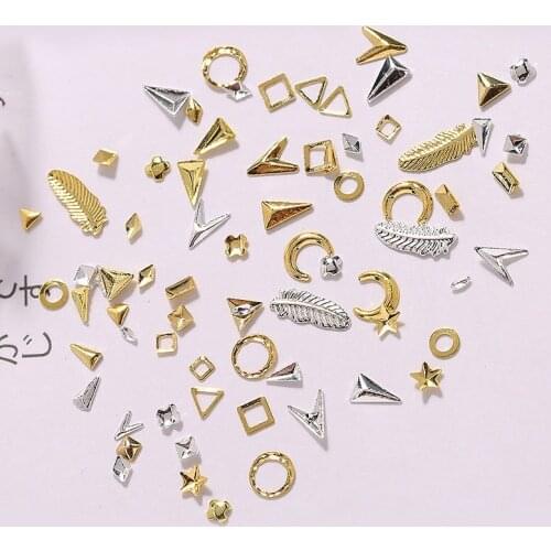 500pcs/lot Geometric Gold Feather Arrow Leaves Rivets Studs Metal Manicure Nail Art Accessories DIY Nail Decoration Charms 01-34
