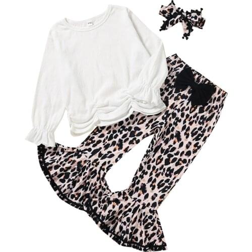3-7Years Girls Clothes Set Solid Color Long Sleeve O-neck Pleated Tops+Leopard Print Flared Trousers+Headband