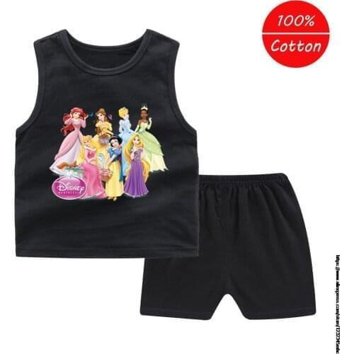 Disney Princess Summer Girls Clothing Sets Kids Clothing Baby Fashion Cartoon Vest T-Shirts Shorts Toddler Cotton Sportswear