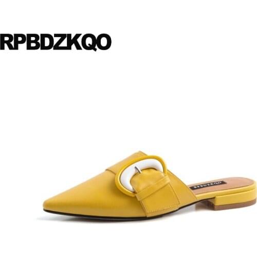 2021 Slip On Women Ladies Pointy Mules Summer Flats Chinese Designer Shoes China Pointed Toe Yellow Genuine Leather Slippers