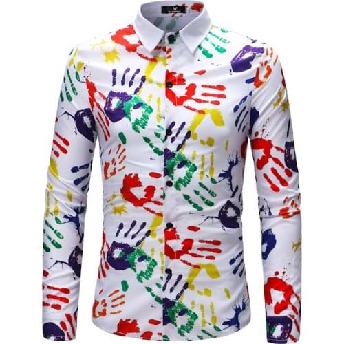 Cigna White Long-sleeved Shirt men Cotton Linen mens Shirt Fashion Casual Male Tops Hand Print Pattern Decoration Size S 3XL