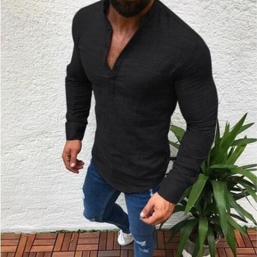 QNPQYX New Street Mens Shirts Solid Color Long-sleeved Tee Shirts Casual Linen Half-open Shirt for Men Handsome Blouse