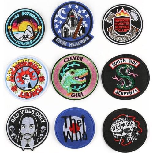 New Tactical Slogan Round Morale Badge Skull Snake Dinosaur Iron on Embroidery Appliques Clothing Repair Patch