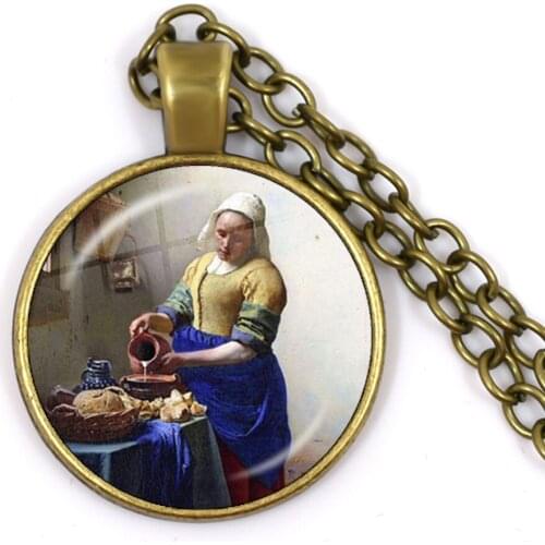 Girl Wearing Pearl Johannes Vermeer Art Pendant Glass Cabochon Necklace Fashion Chain Necklaces Jewelry for Women Mens