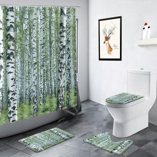 Mist Forest White Birch Trees Shower Curtains Green Plants Natural Scenery Bathroom Decor Flannel Rug Non-slip Toilet Mats Sets