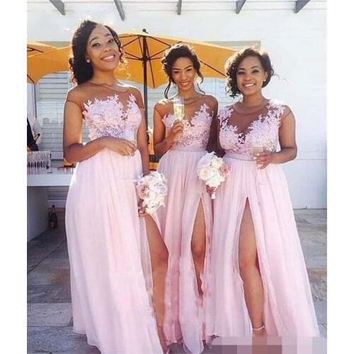 Pink Plus Country Bridesmaid Dresses 2019 Illusion Long Chiffon Vintage Lace Cap Sleeves Split Maid of Honor vestido madrinha