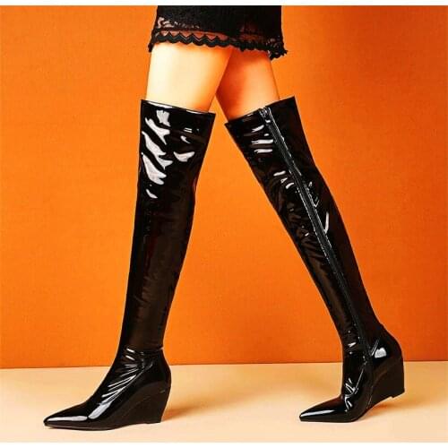 Sexy Long Booties Womens Patent Leather Over the Knee Boots Wedge High Heels Riding Party Pumps 33 34 44 45