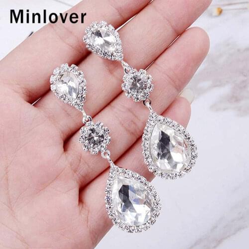 Minlover Silver Color Teardrop Crystal Bridal Drop Earrings for Women Dangle Earring Wedding Jewelry boucle d'oreille MEH1682