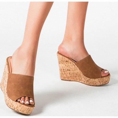 Peep Toe wooden wedges slippers women sandals nubuck leather flip flops wood platform shoes women timber slides plus size 36-43