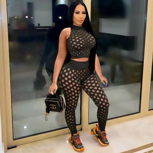 TNNAOFF Plus Size Solid Hollow Out Sheer Two Piece Set for Women Sleeveless Tank Sexy Slim Sweatpans Overalls Matching Sets