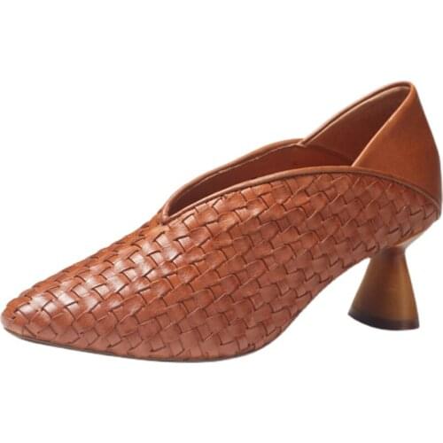 Vintage Handmade Leather shoes Women Wine Glass High Heels Fashion Woven Leather Soft Sole Comfortable Elegant Wearing New Pumbs