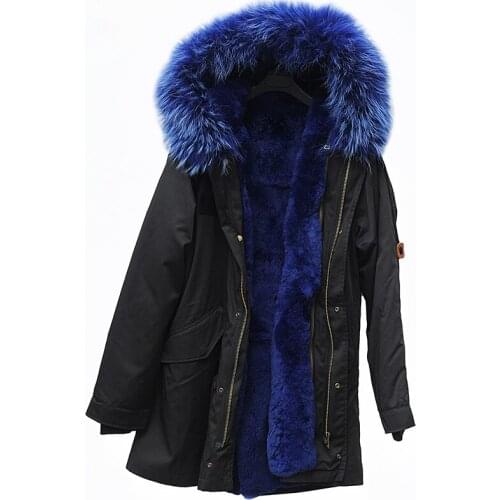 CX-G-P-07D Women Black Parka Real Rex Rabbit Lining Big Fox Fur Collar Hooded Winter Parka Coat