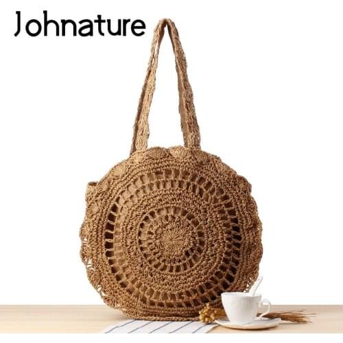 Johnature Bohemian Hollow Out Round Summer Straw Bag 2021 New Handmade Crochet Women Beach Holiday Shoulder Bags