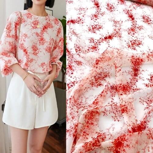 145cm Width Fashion Red Peach Flower Printed Thin Georgette Chiffon Fabric For Woman Girl Summer Long Dress Blouse DIY Sewing