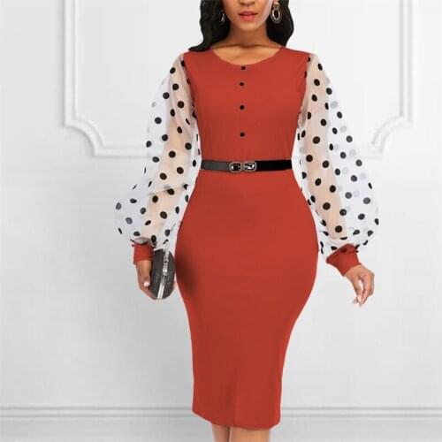 Women Dresses O Neck Patchwork Transparent Mesh Long Sleeves Polka Dot Classy Elastic Elegant Office Lady Modest Female