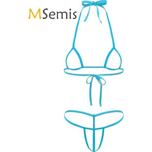 2Pcs Womens Mini Micro Hollow Out Bikini Lingerie Set Halter Neck Self-tie Bra Top with G-String Briefs Underwear