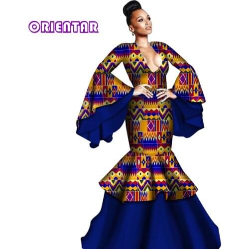 African Dresses for Women New Arrival Long Sleeve Mermaid African Dress Women Sexy Deep V-neck Party Dress M-6xl WY2810