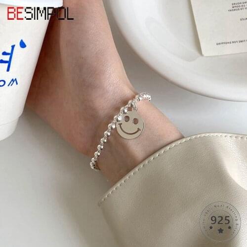 Besimpol Real 925 Sterling Silver Smile Bracelet Hot Sale Round Charm Bead Chain Bracelets for Women Luxury Fine Jewelry Gifts