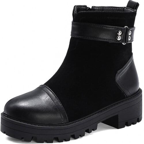 PU Stitching Flock Ankle Strap Rivet Short Boots Thick Heel Army Green Frosted Material Knight Boots TPR Side Zipper Ankle Boots