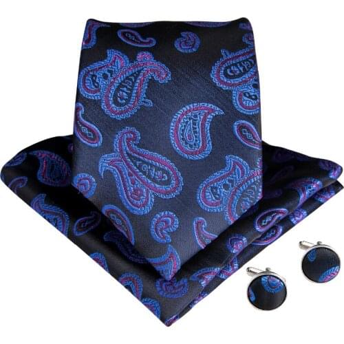 DiBanGu New Purple Black Paisley Mens Tie 100% Silk Tie For Men Handkerchief Cufflinks Suit Business Wedding Tie Set SJT-7009