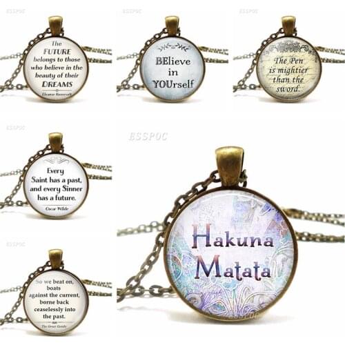Hakuna Matata It Means No Worries Quote Necklace Pendant Bronze Chain Glass Cabochon Jewelry Accessories Best Friends Gift