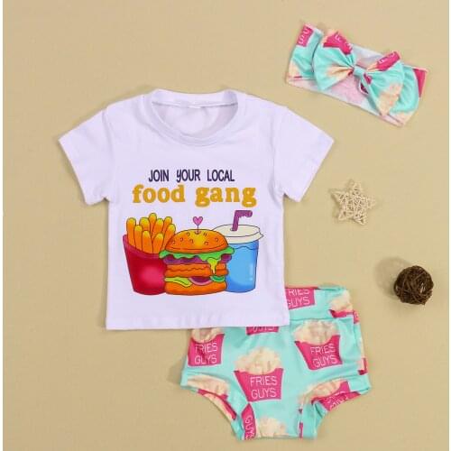 Baby Girls Boys Lovely Clothes Sets Pattern Printed Short Sleeve T Shirts Tops Shorts Headband 0-24M