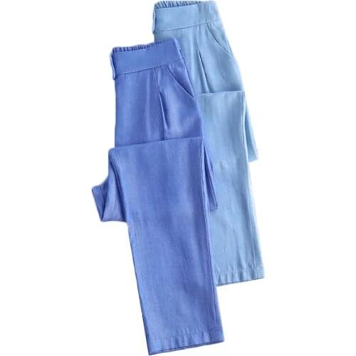 Summer Thin Ice Silk Jeans Womens New Solid Elastic High Waist Casual Suit Trousers Plus Size 3XL Nine Points Pencil Pants 652