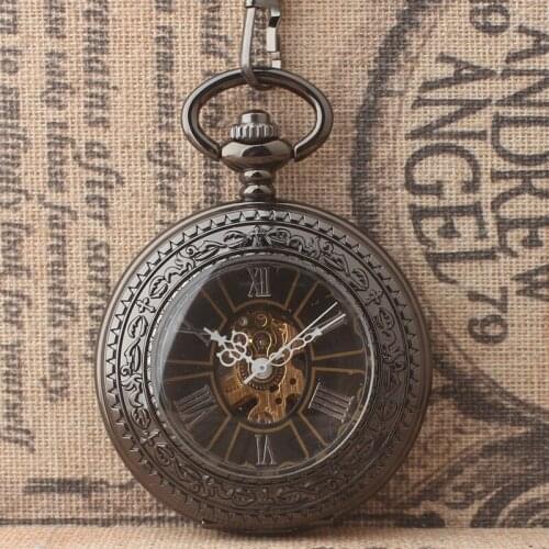 Hot Sell Retro Classic Black Steampunk Transparent Glass Mechanical Pocket Watch Roman Dial Flip Pocket Watches Wholesale