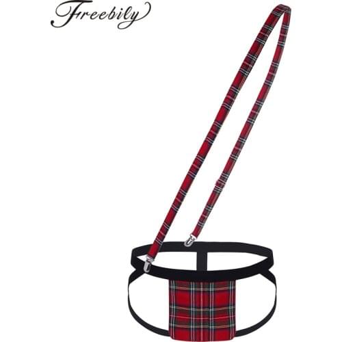 Mens Lingerie Gay Panties Low Rise Open Back Bulge Pouch Plaid Loincloth Flap Jockstrap Bikini Underwear with Suspender Belt
