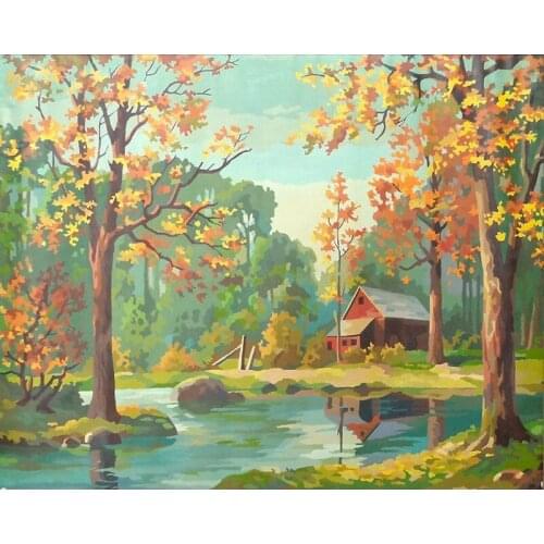 GATYZTORY Oil Painting By Numbers Kit For Adults Autumn Lodge HandPainted Home Decoration Diy Framed Acrylic Paint Home Decor