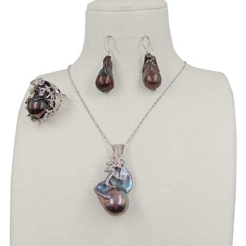 Black baroque pearl set,925 SILVER jewelry set with necklace,ring,earring,100% FRESHWATER PEARL -L 20-32 mm big baroque pearl