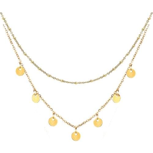 Stainless Steel Gold Sequins Tassel Choker Necklace For Women Small Round Disc Layered Collar Necklaces Jewelry Gift