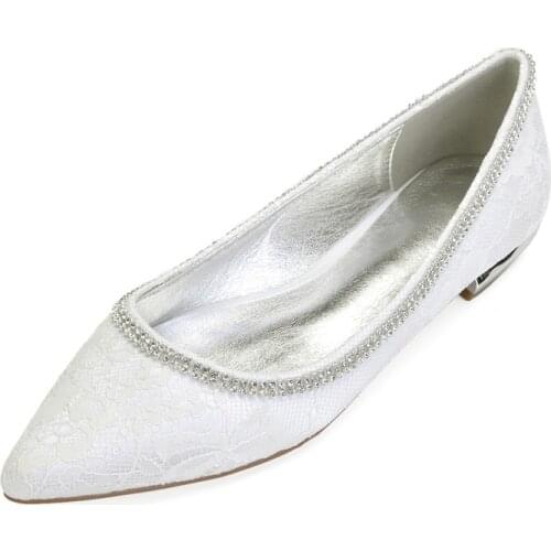 Lace Wedding Flats for Bride Pointed Toe Slip on Lace Crystals Wedding Bridal Party Dress Flat Shoes