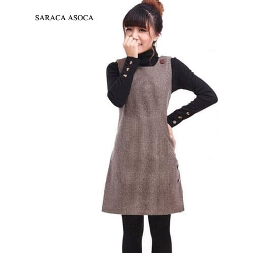 Sale Autumn Winter Sleeveless O-neck Tank Base Dress Warm For Girls Fashion Brief Button Plaid Vest Dress Female