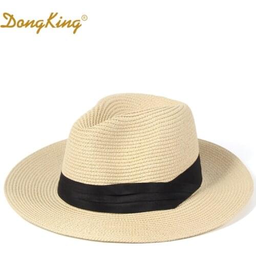 DongKing Panama Hats Men Women Trilby Gangster Cap Lady Casual Trendy Beach Sun Straw Jazz Hat Black Ribbon Flat Visor Sun Hats