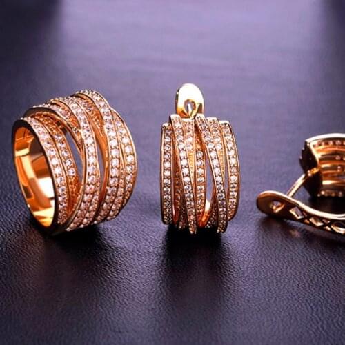 Zlxgirl jewelry full pave cubic zircon Wedding earring ring jewelry womens party gold earring and ring sets fashion women anel
