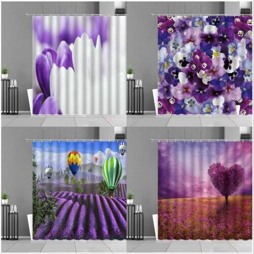 Spring Flower Landscape Shower Curtain Purple Tulips Lavender Flowers Bath Curtains Bathroom Decor Waterproof Polyester Screen