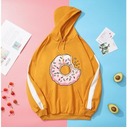 Kawaii Hoodies Sweatshirt y2k Autumn Spring Hit Color Splicing Loose Crative Doughnut Print Unisex Hooded Harajuku Woman Clothes