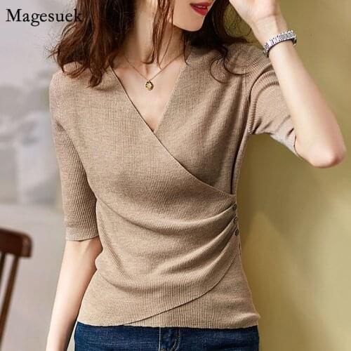 Summer 2021 V-neck Knitted Blouses Woman Casual Solid Half Sleeve Elastic Slim Shirts Women Clothing Plus Size Knit Tops 13826