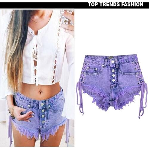 Purple Tassel Denim Short For Women High Waist Korean Loose Bandage Jean Shorts Female 2021 Summer Buttons Distressed Hot Pants