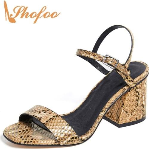 Ladies Summer Dress Shoes Snake Pattern Ankle Buckle Strap Sandals Woman High Square Heels Large Size 11 15 16 Fashion Open Toe