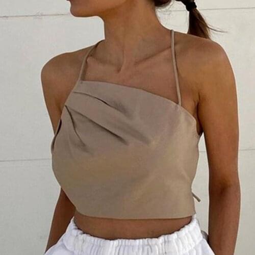 Lace Irregular Self-cultivation Sexy Vest Oblique Back Sleeveless Navel Solid Color Summer Top Ladies Pleated Halter Tether Vest