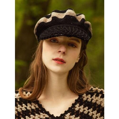 B-7948 Handmade Knitting Beret Hat Adult British Elegant Striped Casquette Adjustable Hats Vintage Beret Octagonal Hat