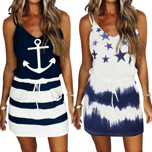 Women V-neck Slip Dress Printed Pattern Sleeveless Short with Drawstring Design Navy/ White