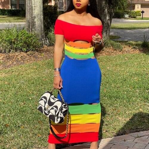 Rainbow Print Off Shoulder Maxi Dress Women Elegant Slash Neck Hollow Out Bodycon Birthday Dresses Party Long Dresses Robe Femme