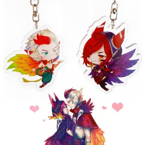 2pcs LOL Xayah and Rakan Couples Key Chains set Cute Double Sided Acrylic Key Chain Pendant Anime Accessories Cartoon Key Ring