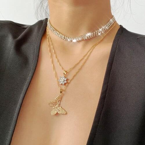 2020 Gold Filled Iced Out Bling Hip Hop Women Jewelry Cz Tennis Necklace Butterfly Choker New Sunflower Chain Necklace for Women