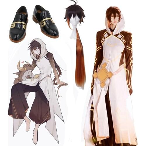 Anime Genshin Impact Zhongli Morax Game Suit Handsome Uniform Cosplay Costume Wigs Halloween Carnival Party Outfits Free Shippin