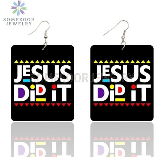 SOMESOOR Jesus Did It God Good Sayings Printed Wooden Drop Earrings Rectangle Geometric Powerful Dangle Jewelry For Women Gifts